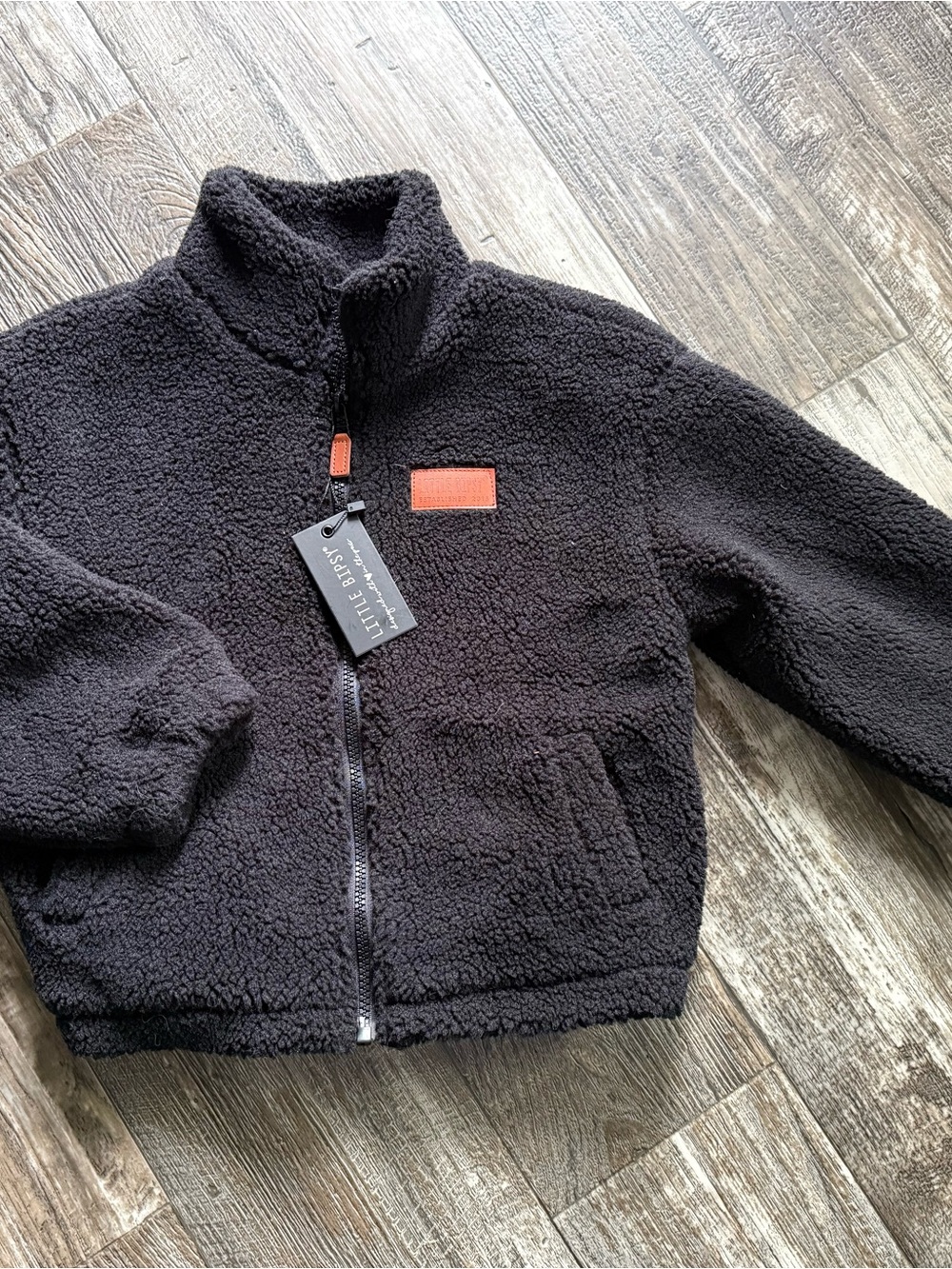 Little Bipsy Black Sherpa Zip-Up Jacket with Leather-Look Patch